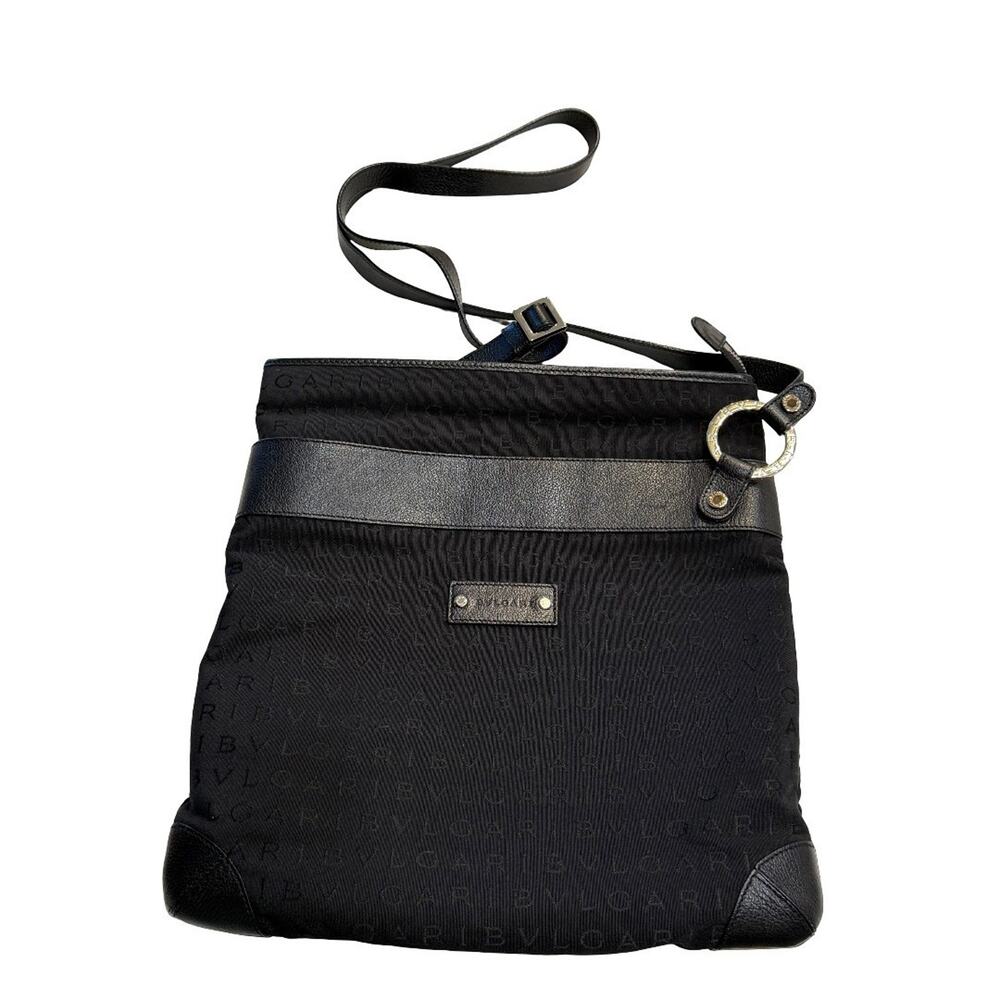 BVLGARI Logomania Monogram Nylon Leather Crossbody Bag Purse Tote Black Red  COA